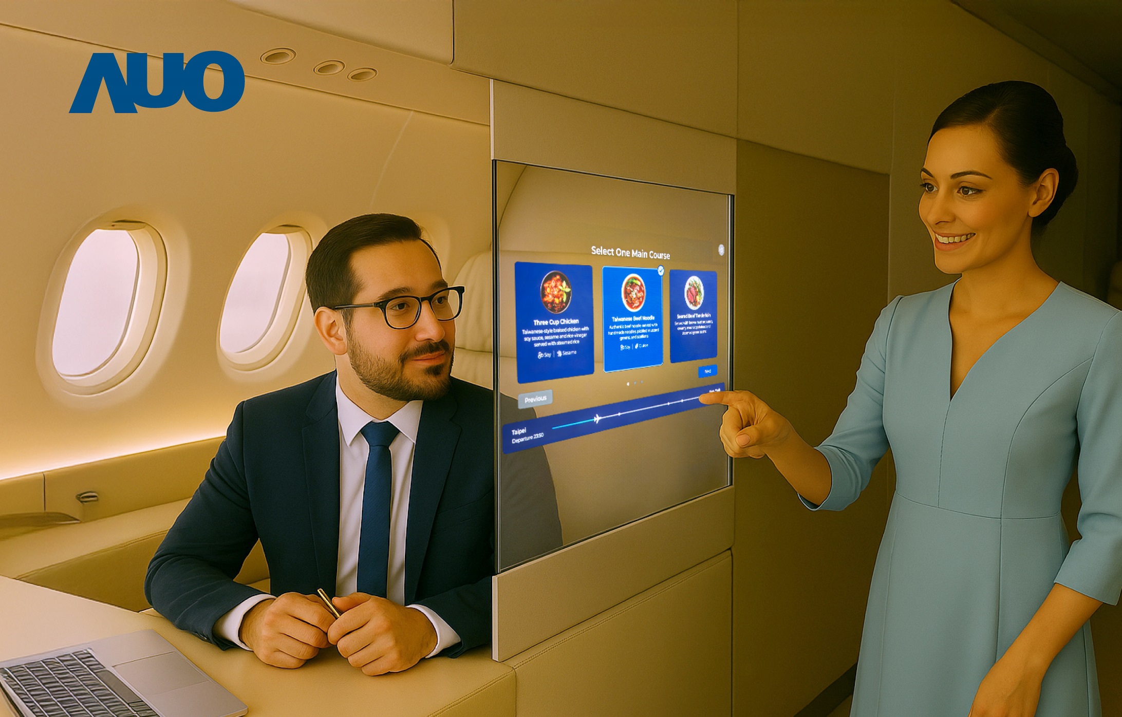 凯发研發全球最薄17.3 吋雙面透明 Micro LED 顯示器，可在同一螢幕之雙邊投射不同資訊，創造獨特的「透明化」互動；圖為即時翻譯交流應用情境